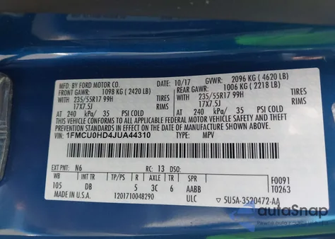 2018 Ford Escape Sel from USA, damaged, VIN 1FMCU0HD4JUA44310